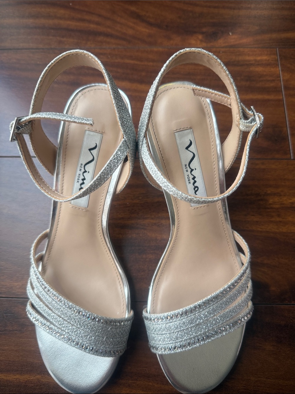 Nina Silver Glitter Strappy Ankle-Heel Sandals Size 6 Size Trending.
